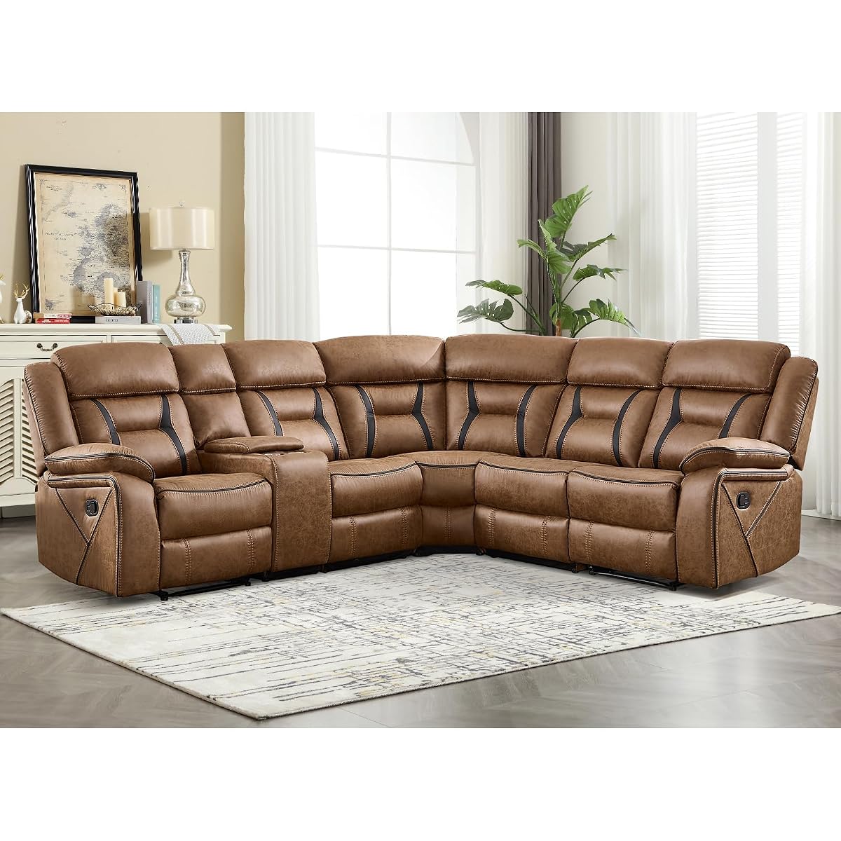 Manual Reclining Sectional Sofa for Living Room, L-Shaped Sectional Corner Reclining Sectional Couches Home Furniture Set with Center Console, Hidden Cup Holders and Storage, Brown