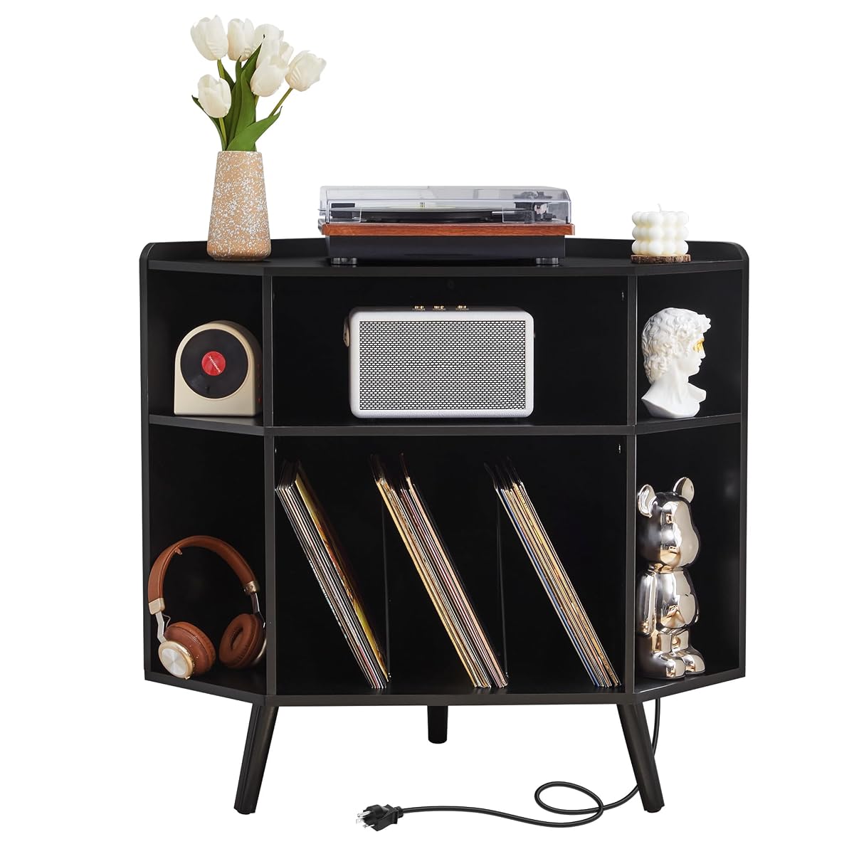 Corner Record Player Stand with Charging Station & USB Ports