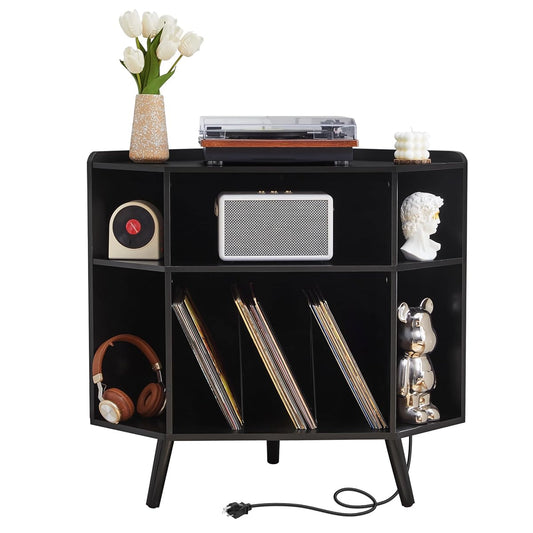 Corner Record Player Stand with Charging Station & USB Ports