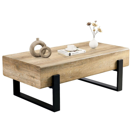 47.24" Rectangle Coffee Table, Wood Coffee Table Center Table with 7.8" Thick Tabletop Metal Legs Rounded Corners for Living Room Office, Natural Wood