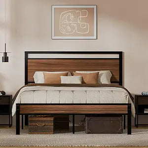 Queen Metal Bed Frame&Wooden Headboard&Footboard,No Box Spring,Walnut, view 2