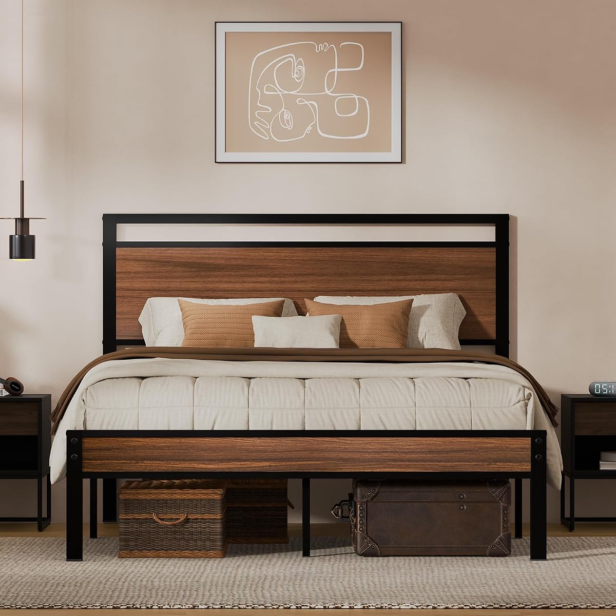 Queen Metal Bed Frame&Wooden Headboard&Footboard,No Box Spring,Walnut