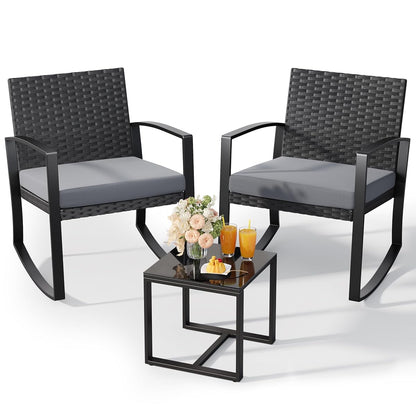 3 Pieces Patio Furniture Set Rocking Bistro Set Outdoor Rattan Conversation with Coffee Table for Garden Balcony Backyard Poolside (Grey Cushion)