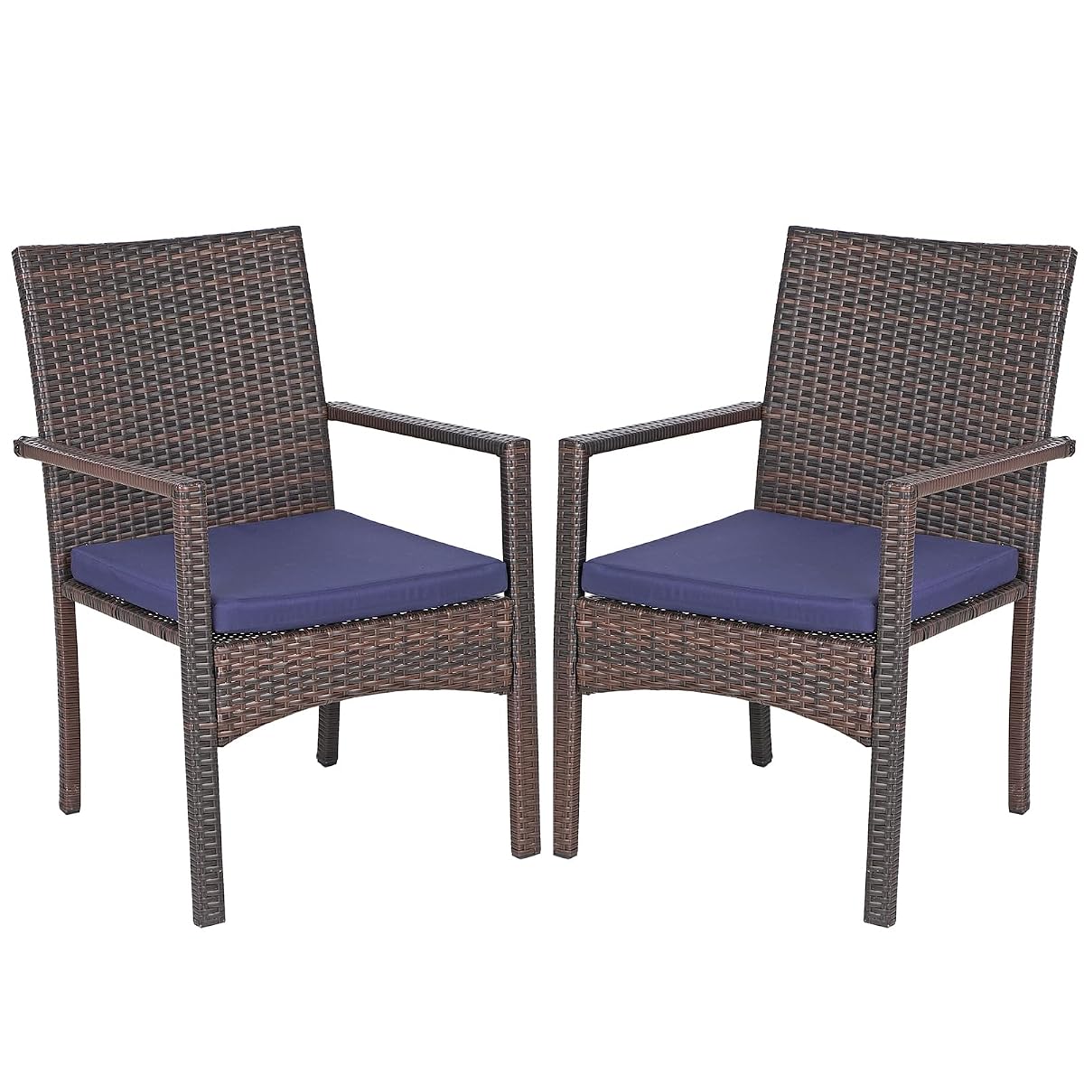 Rattan Patio Chairs Set of 2 with Cushions | 2 lightweight outdoor dining chairs, all-weather wicker, durable steel frame, comfortable cushioned seating, easy assembly.