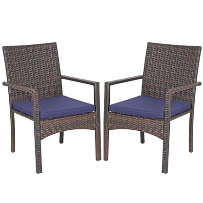 Rattan Patio Chairs Set of 2 with Cushions | 2 lightweight outdoor dining chairs, all-weather wicker, durable steel frame, comfortable cushioned seating, easy assembly.