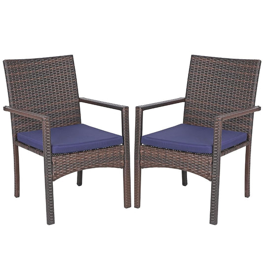 Rattan Patio Chairs Set of 2 with Cushions | 2 lightweight outdoor dining chairs, all-weather wicker, durable steel frame, comfortable cushioned seating, easy assembly.