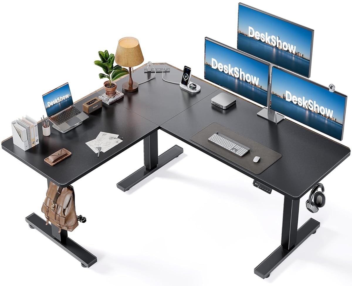 L-Shaped Standing Desk - 63 x 55 Inch Adjustable Corner Standing Desk with Charging Station - L Shape Sit Stand Table with Memory Controller, Splice Board for Home Office