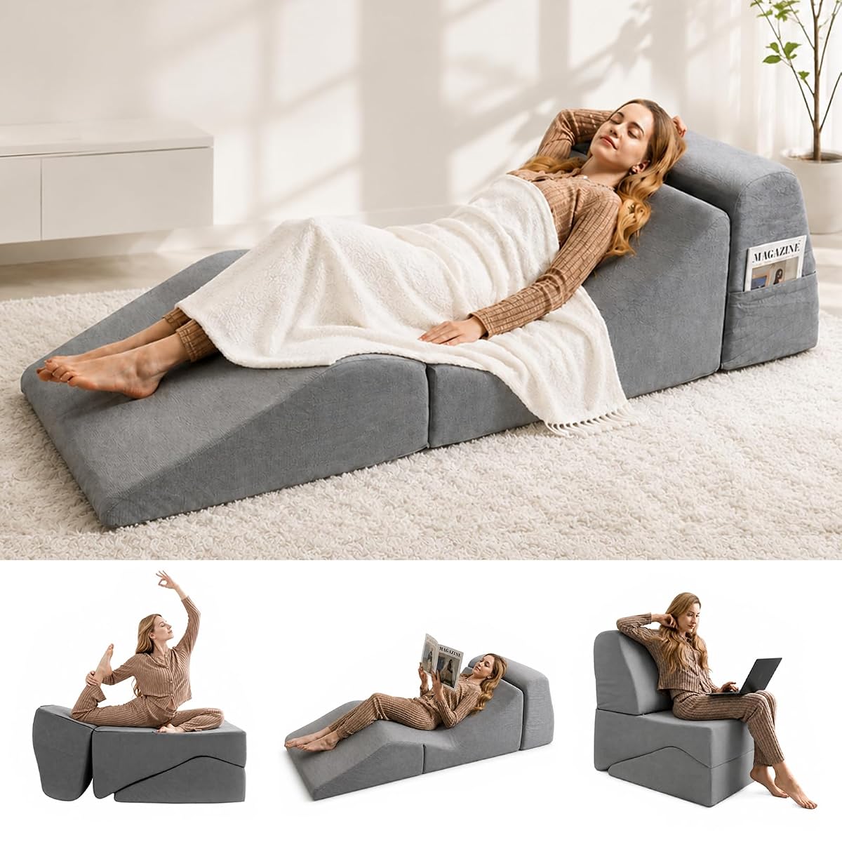 3-IN-1 Convertible Chaise Lounge Chair Indoor, Corduroy Boneless Couch