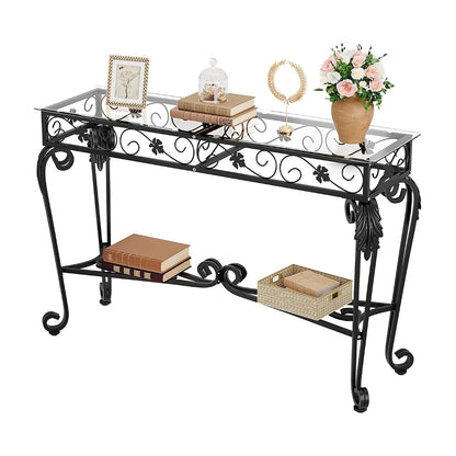 Console Table 47.2", Tempered Glass Sofa Tables, Vintage Entryway Table with Metal Frame, Console Tables for Living Room, Entrance, Foyer, Adjustable Feet (Black)