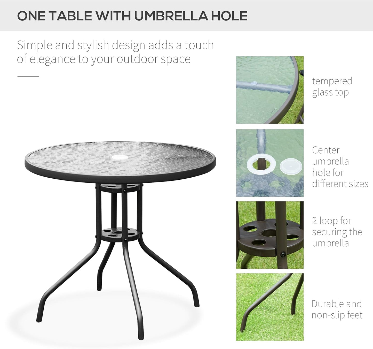 6 Piece Patio Dining Set for 4 with Umbrella, Outdoor Table and Chairs with 4 Folding Dining Chairs & round Glass Table for Garden, Backyard and Poolside, Black and Coffee
