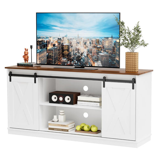 TV Stand for 65 Inch Television, Entertainment Center with Storage Shelves, Mid Century Modern Media TV Console Table for Bedroom Living Room, Office Furniture, White