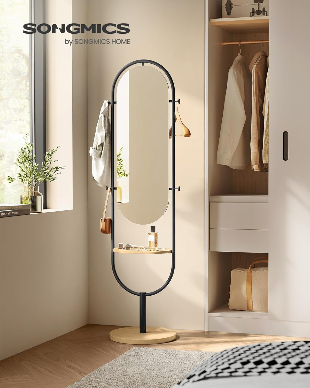 Full-Length Floor Mirror, 3-In-1, Modern Standing Full Body Mirror, Inspired by Original Award-Winning Design, 16.5 X 18.9 X 68.9 Inches, Living Room, Bedroom, Oak Beige and Ink Black