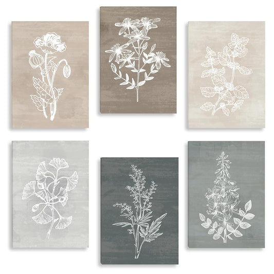 Neutral Botanical Plant Canvas 6 Pieces Wall Art Rustic Wall Decor Farmhouse