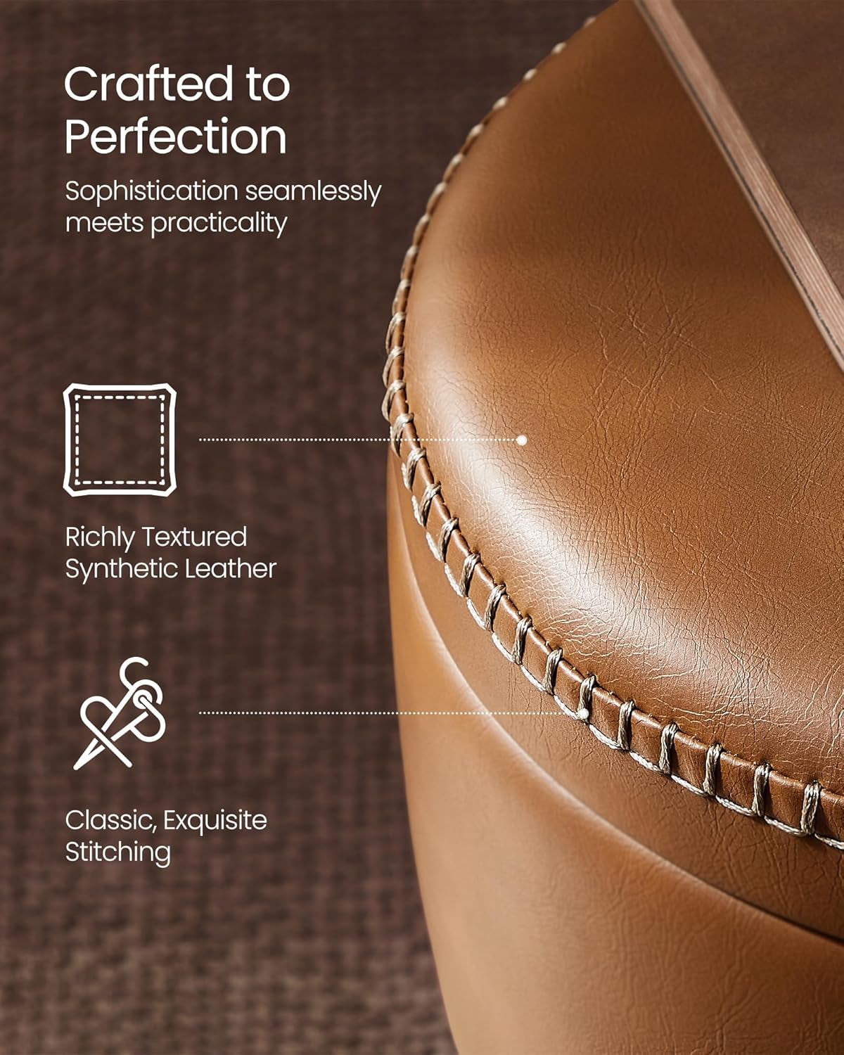 EKHO Collection - 360° Swivel Bar Stool, Height Adjustable Barstool with Storage, Synthetic Leather with Stitching, Mid-Century Modern, Kitchen Bar, Easy Assembly, Caramel Brown