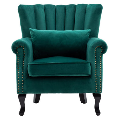 Mid-Century Modern Accent Chair Comfy Single Sofa Chair Channel Back Armchair with Small Pillow for Living Roon Bedroom Club - Velvet, Green