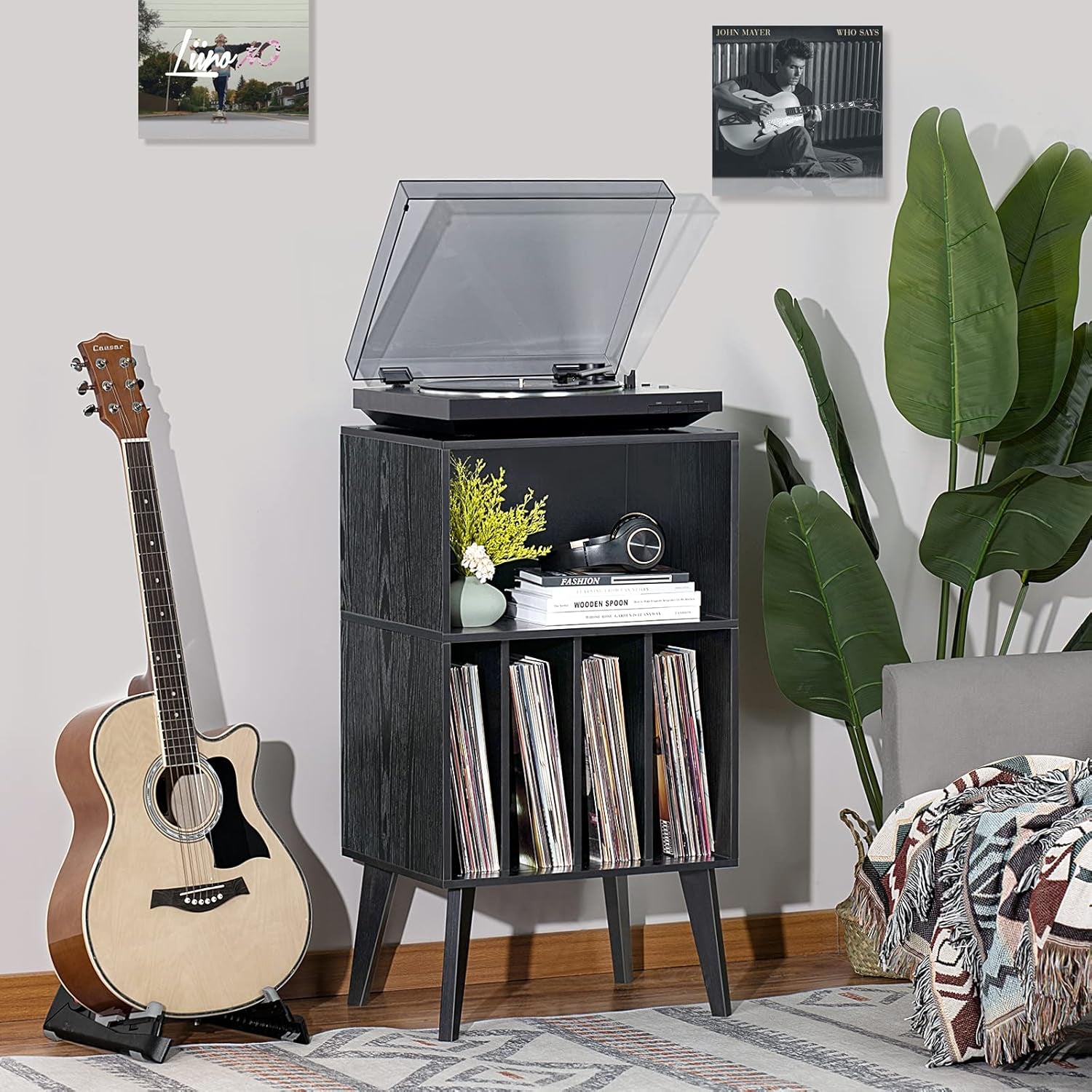 Record Player Stand, Black Turntable Stand Holds up to 160 Albums, Mid-Century Vinyl Storage Cabinet Table with Solid Wood Legs, Record Player Holder Dispaly Shelf for Bedroom Living Room