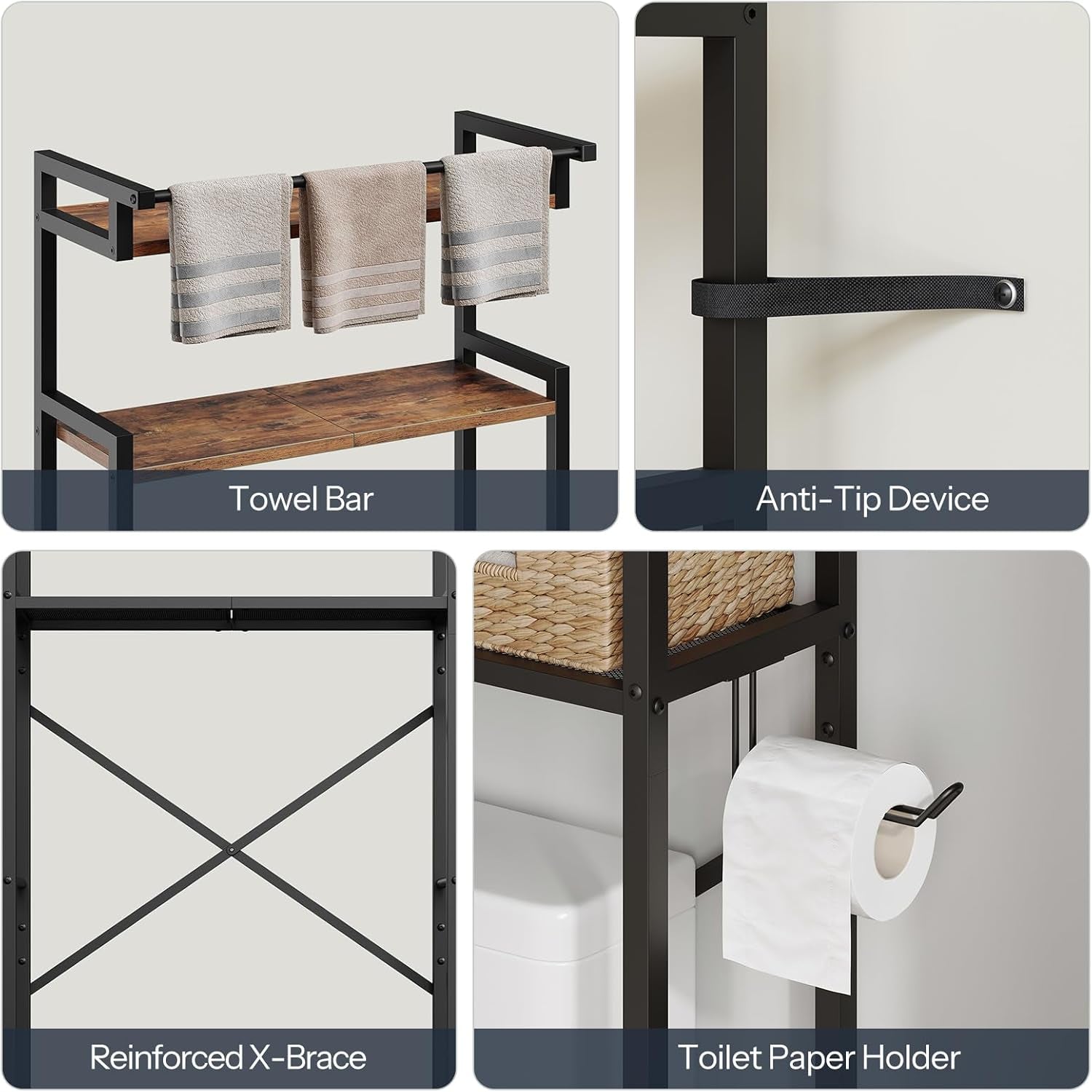 Over-The-Toilet Storage Rack, 3-Tier Bathroom Shelves above Toilet, Bathroom Organizer with Toilet Paper Hook, Laundry Room, Space Saver, Rustic Brown and Black BF21TS01