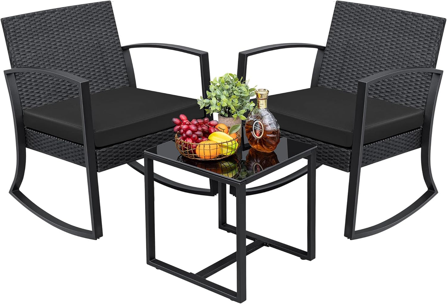 3 Pieces Outdoor Furniture Set Patio Bistro Rocking Chairs with Glass Coffee Table for Pool Beach Backyard Balcony Porch Deck Garden, Dark Black