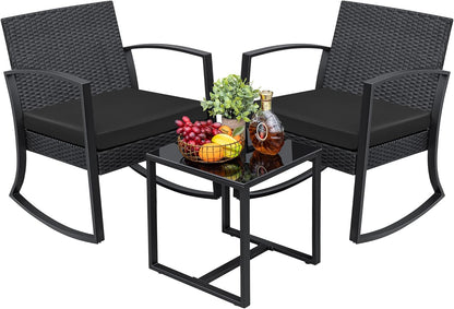 3 Pieces Outdoor Furniture Set Patio Bistro Rocking Chairs with Glass Coffee Table for Pool Beach Backyard Balcony Porch Deck Garden, Dark Black