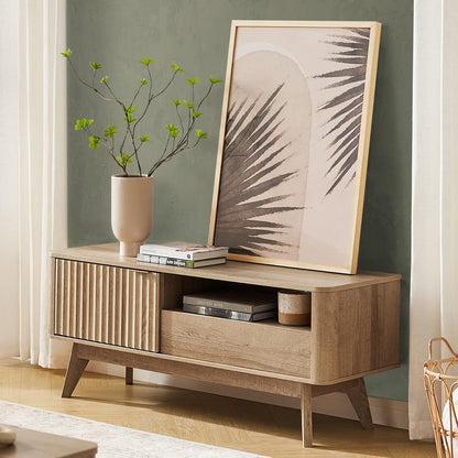 Brooklyn Mid-Century Modern TV Stand, for TVs up to 50” / 59" Waveform Panel, Sleek Curved Profile with Adjustable Shelf and Sturdy Box Frame Leg (Golden Oak, 47")