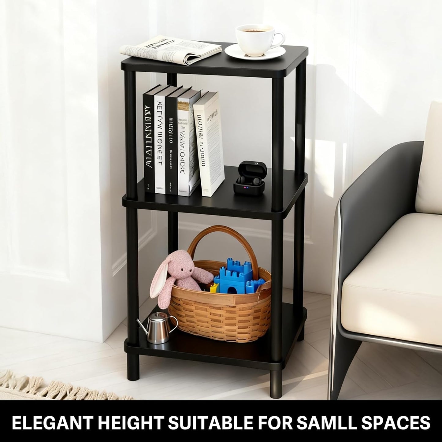 3 Tier Black Side Table ，Small End Table with Solid Wood Legs，28' Tall Bedside Table with Storage Shelf，Nightstand for Small Spaces，Living Room,Bedroom，Bathroom,No Tool Installation