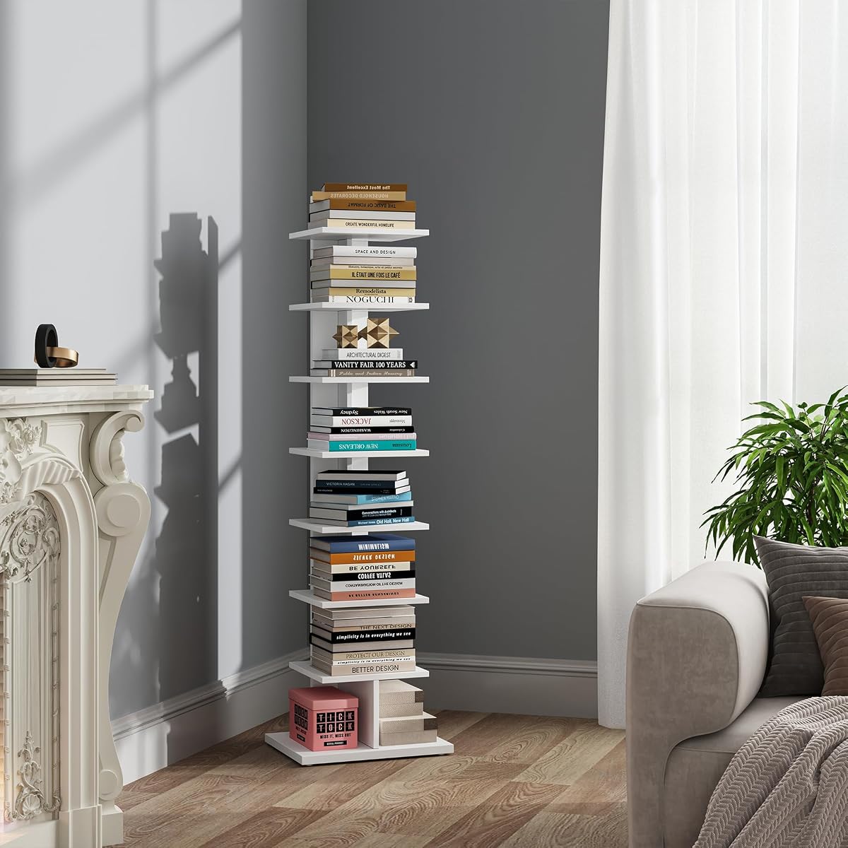 Book Shelf, Narrow Spine Bookshelf, 8-Tier Bookcase for Small Space