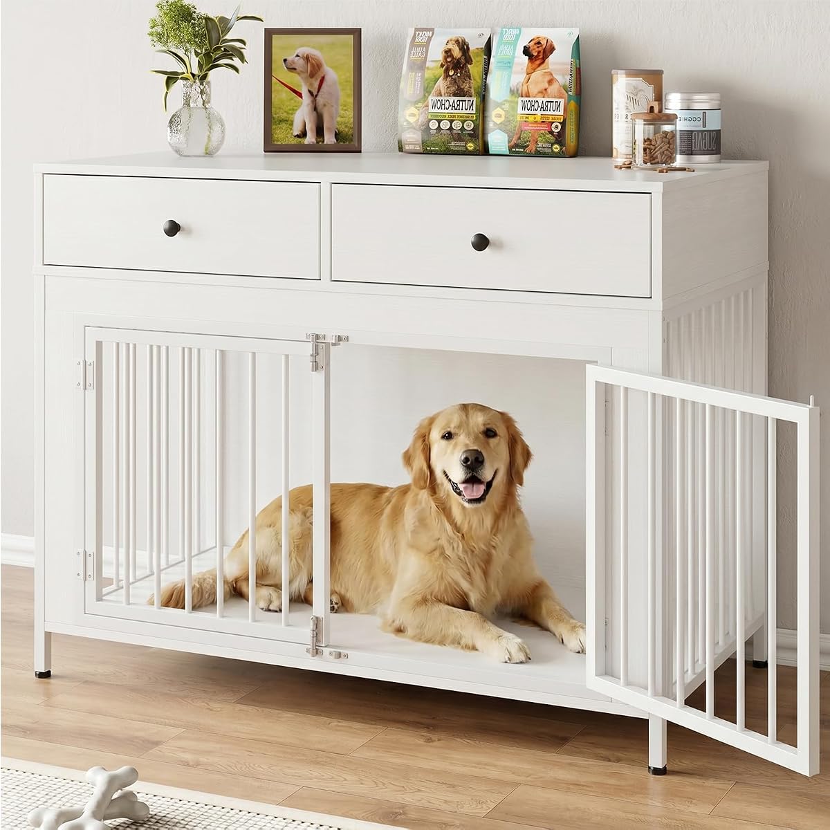 Large Dog Crate Furniture with 2 Drawers, 44 Inch Wooden Dog Kennel Indoor