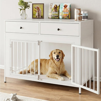 Large Dog Crate Furniture with 2 Drawers, 44 Inch Wooden Dog Kennel Indoor