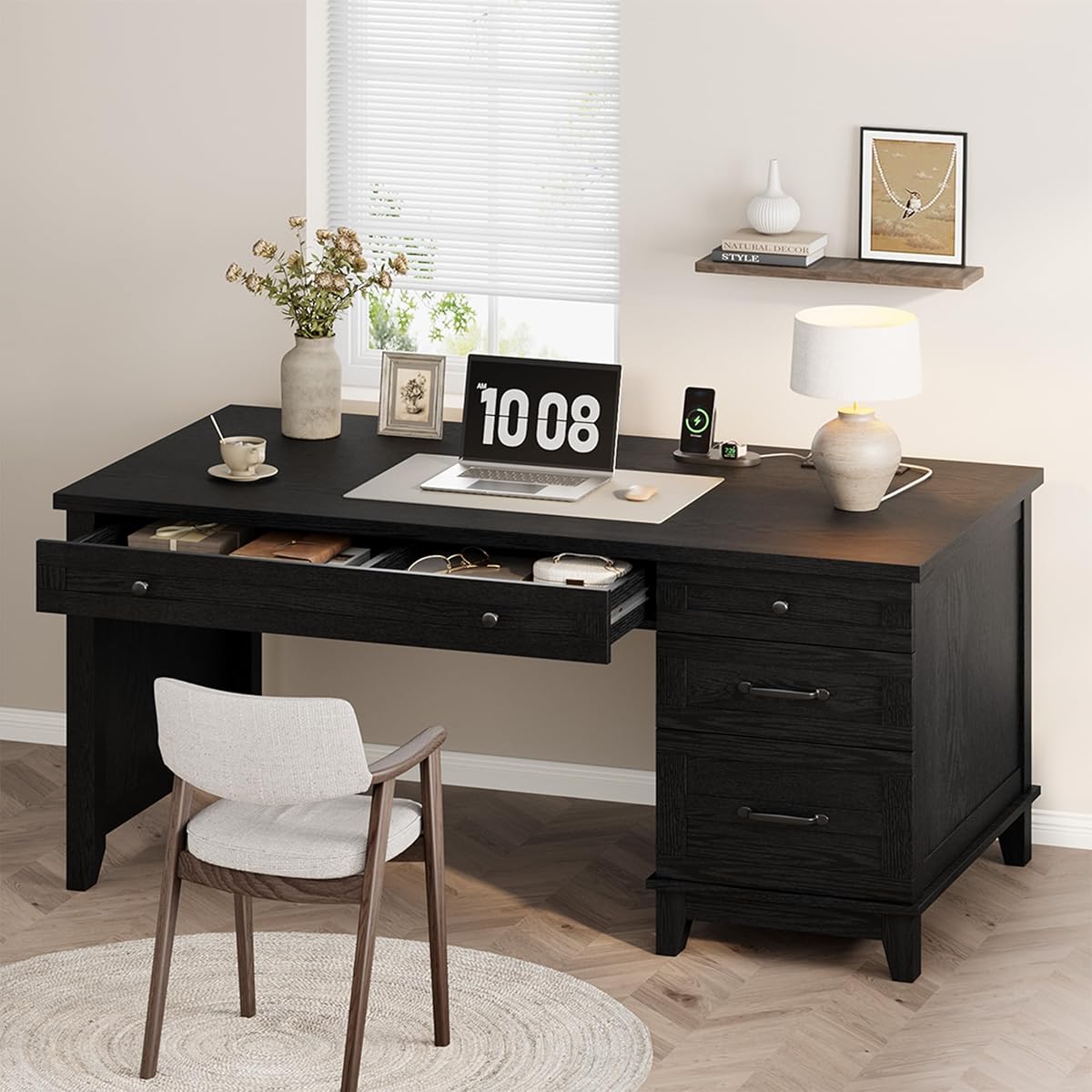 53.5" Farmhouse Home Office Desk with File Cabinet