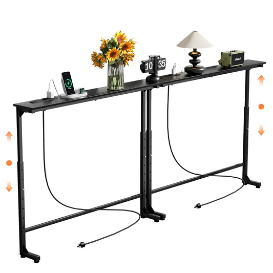 2 Pack Adjustable Height Narrow Console Table with Power Outlets, 78.7" Long Sofa Table with Charging Station Behind Couch Table Skinny Entryway Table for Living Room and Hallway – Black