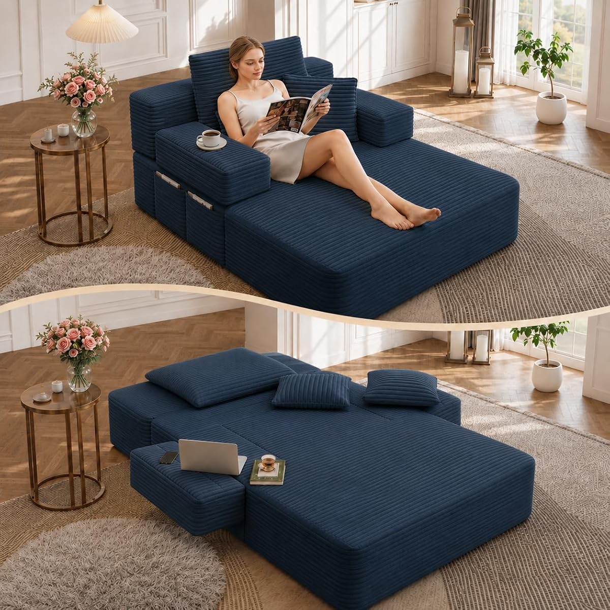 Oversized Chaise Lounge Chair Indoor,Corduroy Upholster Boneless Sofa Bed