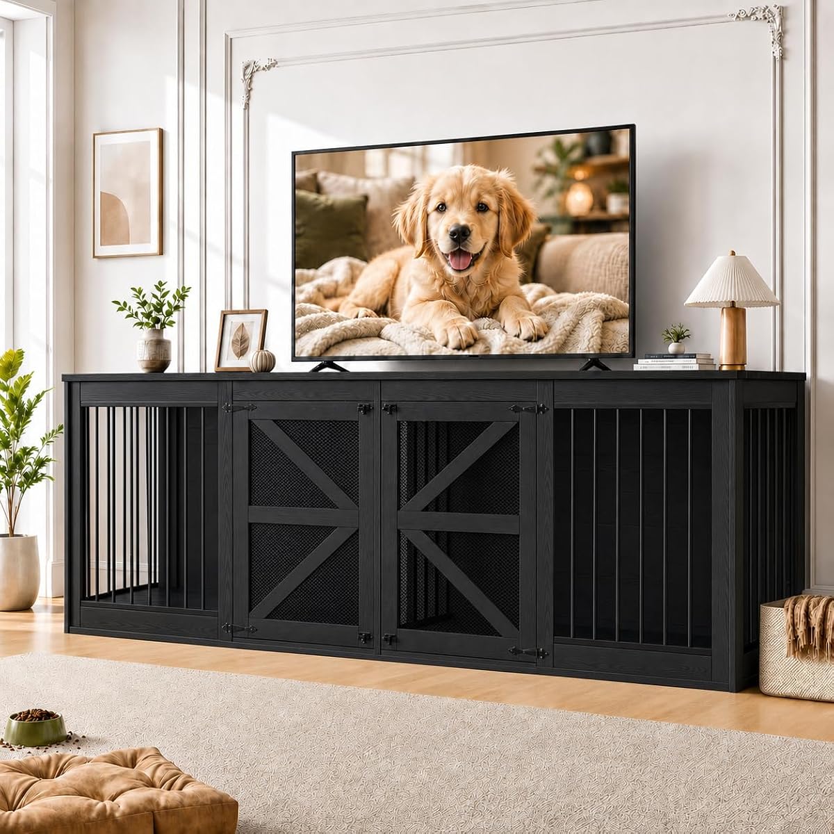 94in Double Dog Crate Furniture, Dog Kennel TV Stand, Black