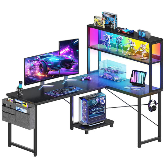 L Shaped Gaming Desk with Hutch & LED Light