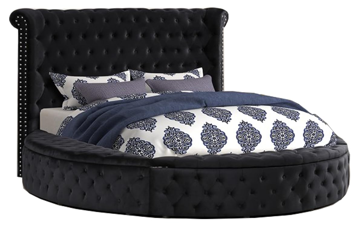 Velvet Tufted Platform Storage Bed, Circle Bed with Button Tufting