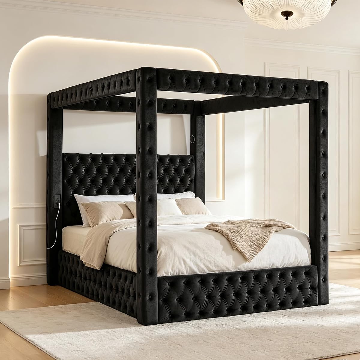 Queen Size Canopy Bed Frame with Velvet Headboard, Charging Port