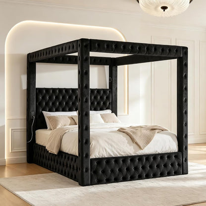 Queen Size Canopy Bed Frame with Velvet Headboard, Charging Port