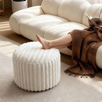 Round Stuffed Pouf Ottoman, Stripe Faux Fur Footrest, Solid Block Support+Soft Cushion Comfort, Removable Washable Cover, 20" Floor Pouf for Living Room Bedroom Dorm Vanity, Cream Beige