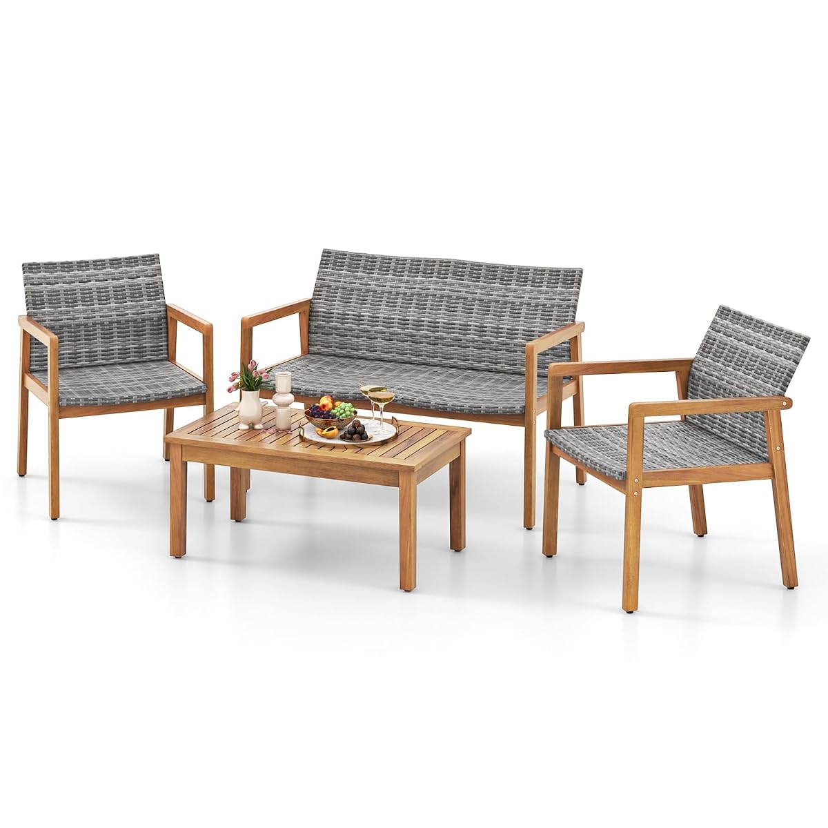 4 Pieces Outdoor Furniture Set, Acacia Wood Frame Sofa Set w/Rattan Seat & Back, Patio Conversation Set w/Coffee Table for Balcony, Poolside, Backyard (Mix Gray)