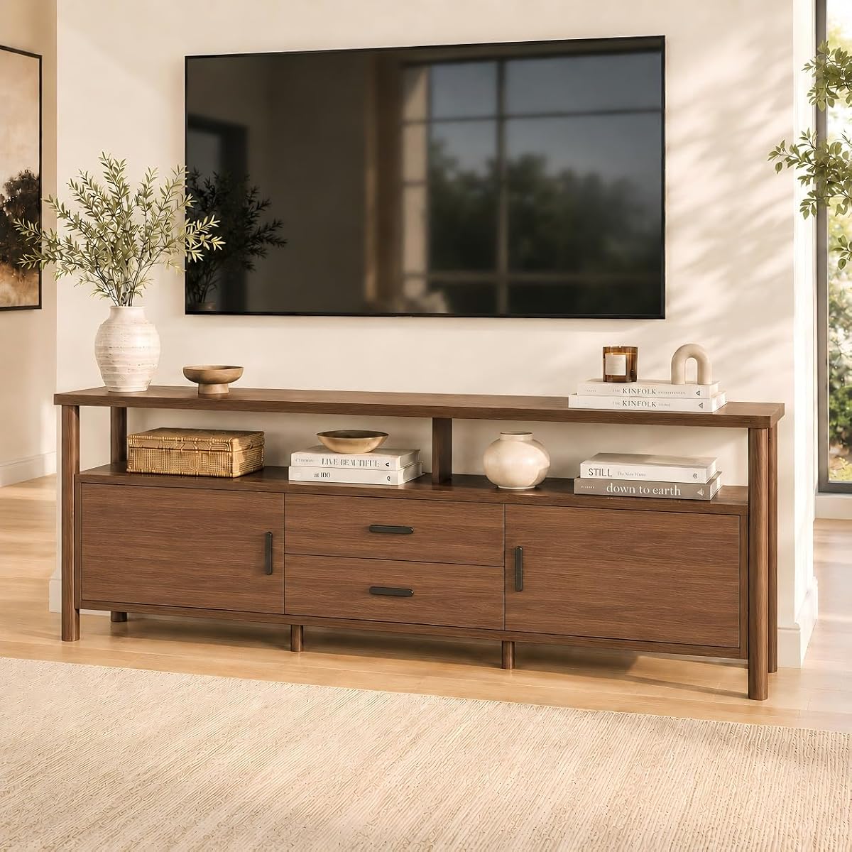 70" Long TV Stand, Mid Century Modern Entertainment Center with Open Shelves