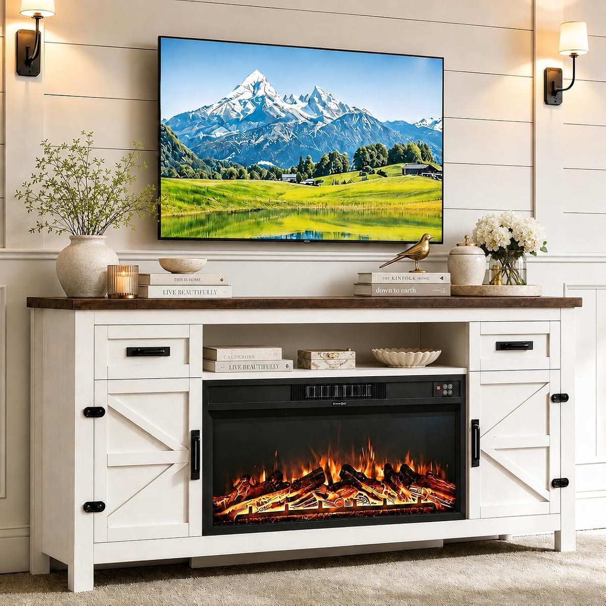 Fireplace TV Stand with Barn Door, 70 inch, White