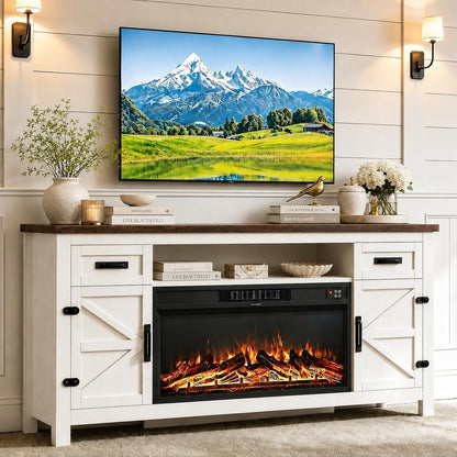 Fireplace TV Stand with Barn Door, 70 inch, White