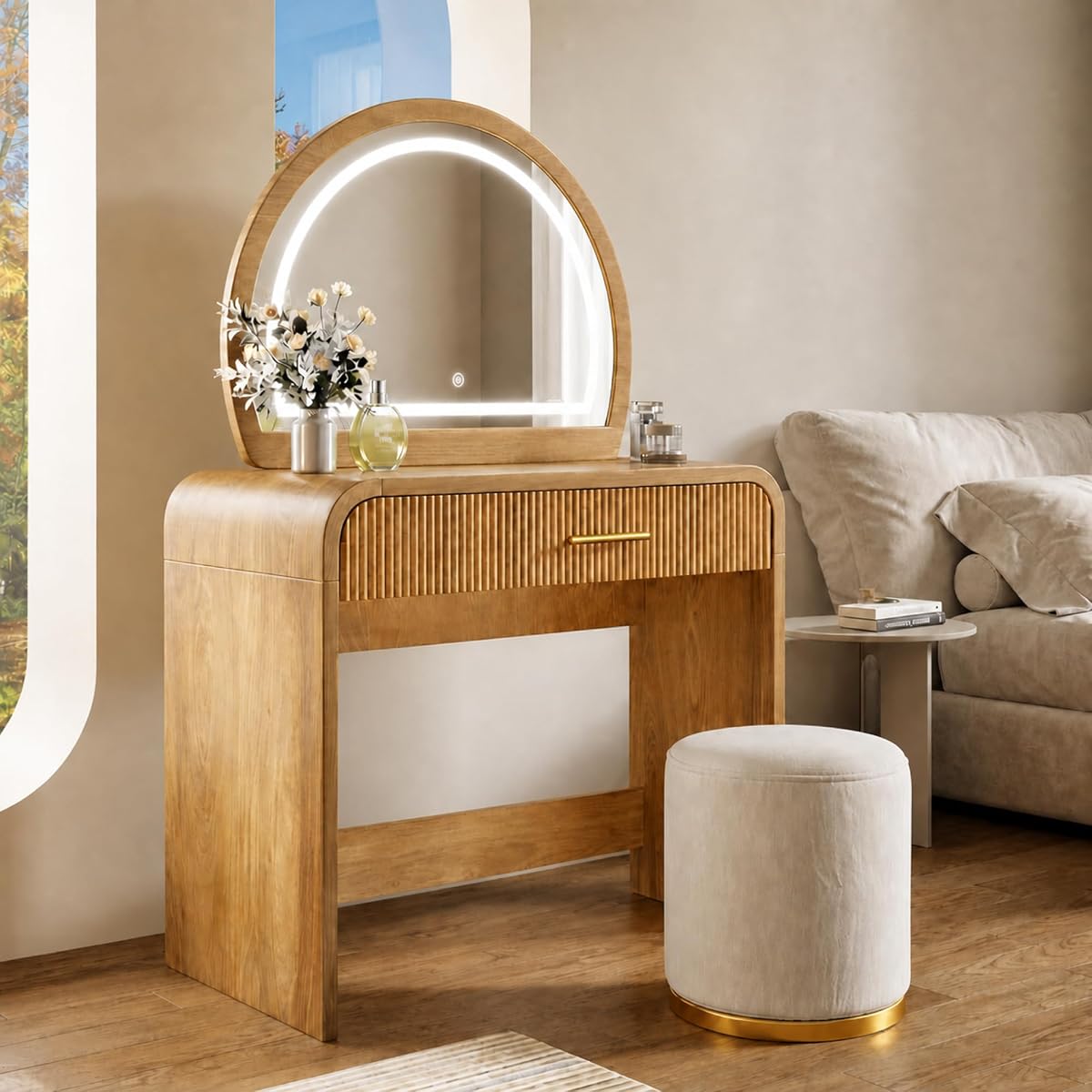 Makeup Vanity Desk with LED Mirror, Drawer and Curved Edges Natural