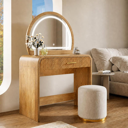 Makeup Vanity Desk with LED Mirror, Drawer and Curved Edges Natural