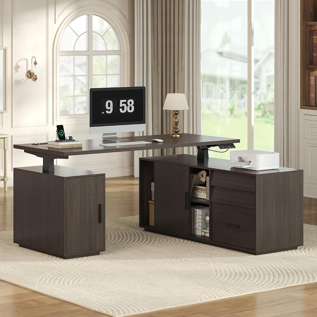 L Shaped Electric Standing Desk with 3 Drawers and Power Outlet
