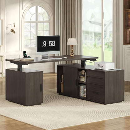 L Shaped Electric Standing Desk with 3 Drawers and Power Outlet