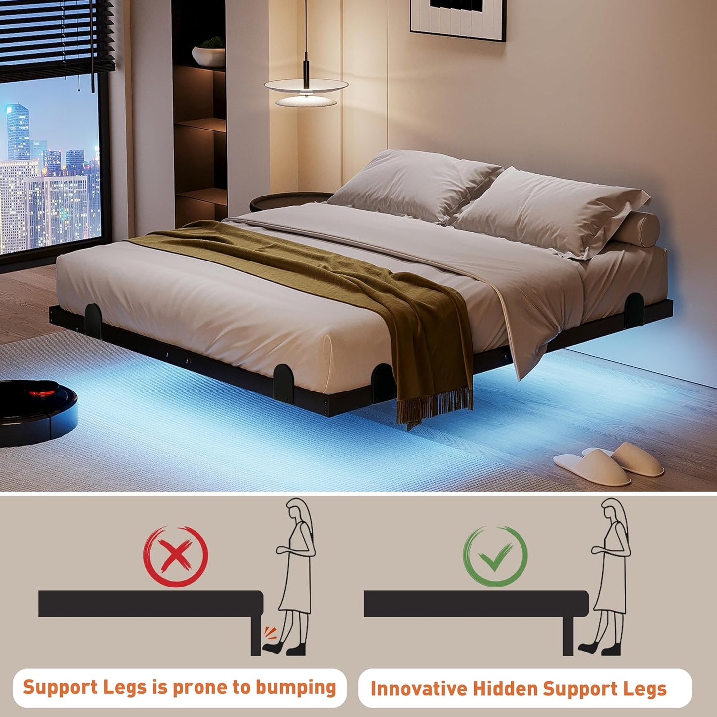 14 Inch Floating Queen Bed Frame with Smart LED Lights and Charging Station, Modern Metal Queen Bed Frame, Easy to Assemble, No Box Spring Needed (Queen)