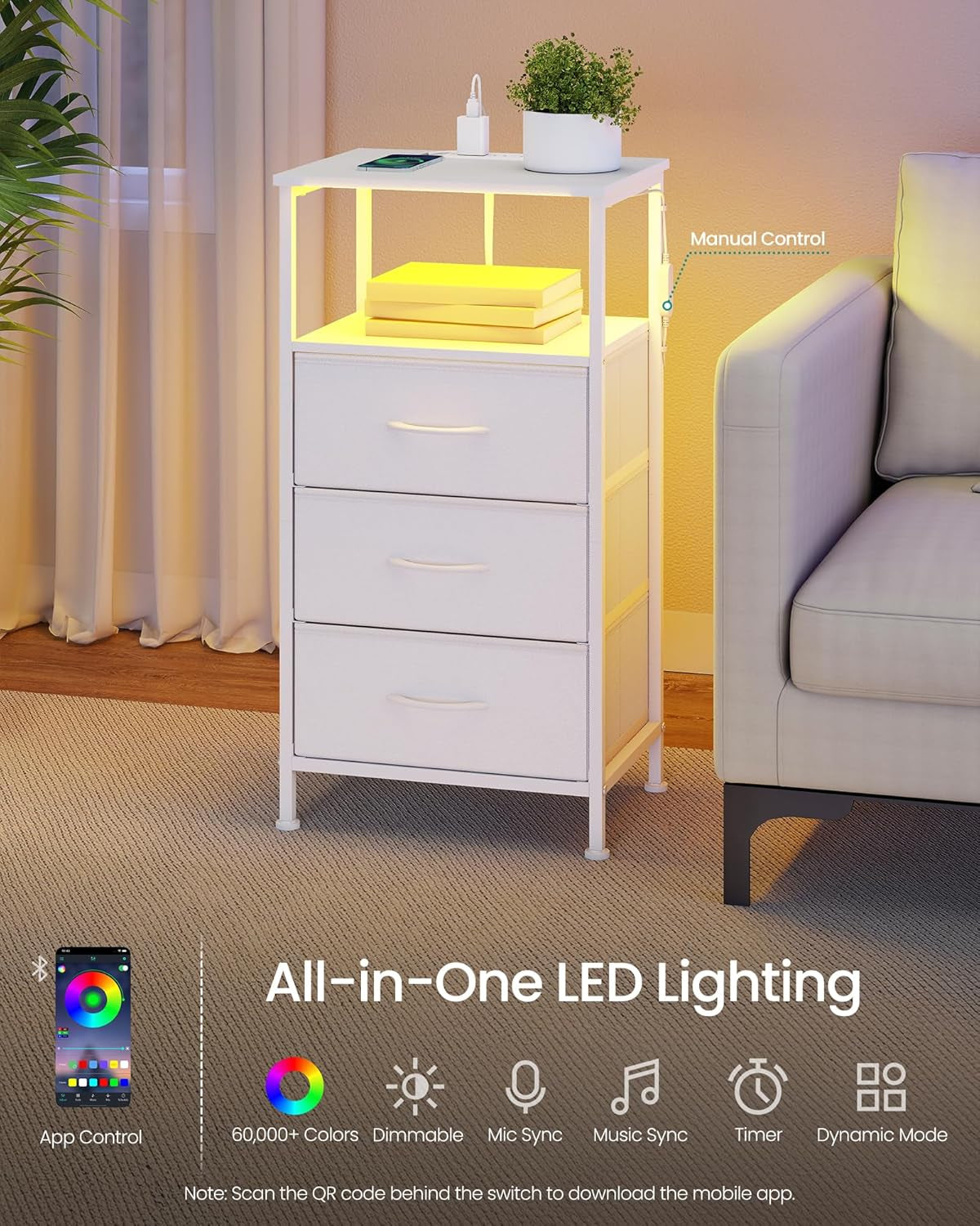 BELLAH Collection - Nightstand with Charging Station and App-Controlled Adjustable LED Lights, Bed Side Table, 3 Drawer and 1 Open Shelf, Bedroom, Cloud White and Snow White ULGS303WH01S