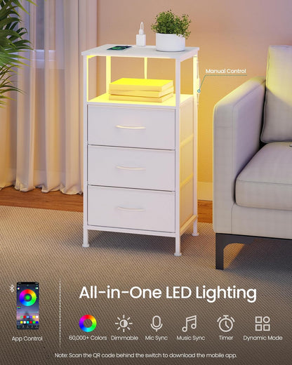 BELLAH Collection - Nightstand with Charging Station and App-Controlled Adjustable LED Lights, Bed Side Table, 3 Drawer and 1 Open Shelf, Bedroom, Cloud White and Snow White ULGS303WH01S