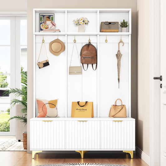 49.6" Hall Tree with Bench and Shoe Storage,Modern Entryway Cabinet with High Gloss Fluted Doors & Open Shelves,5-In-1 Coat Rack W/ 6 Gold Hooks and Legs for Hallway,White