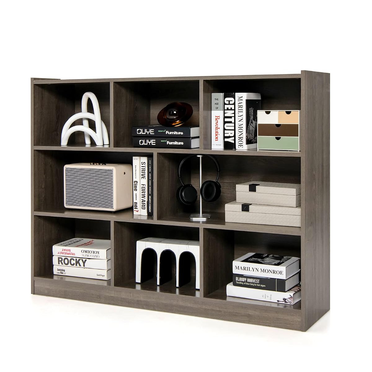 8 Cube Bookcase, Freestanding 3-Tier Open Bookshelf, Grey | Modern Storage Display Cabinet, Wood Cube Storage Organizer for Living Room, Home Office, Kid’s Room